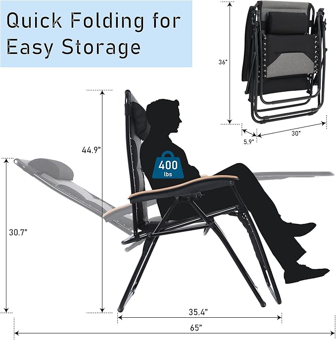 PHI VILLA XXL Oversized Padded Zero Gravity Chair Set of 2 Foldable Patio Recliner 30 Wide Seat Anti Gravity Lounger with Armrest and Cup Holder Support 400 LBS (Black)