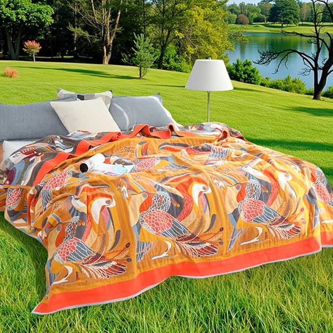 ITFRO Boho Throw Blanket 100% Cotton 4 Layer Muslin Blanket 80x92 Lightweight Breathable Rustic Bed Throw Floral Bird Farmhouse Decor for Sofa Couch (Bird 80x92)