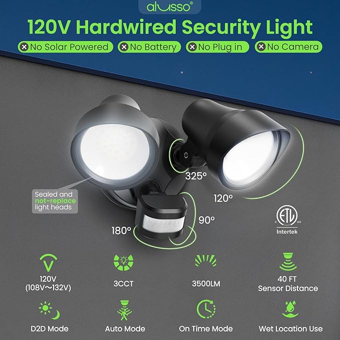 ALUSSO Motion Sensor Outdoor Lights 30W 3500LM Flood Lights Outdoor 120V 3 Modes (Dusk to Dawn/Auto/On Time) 3CCT 3000K/4000K/6500K Waterproof Hardwired Security Light ETL Listed for Porch 1PC