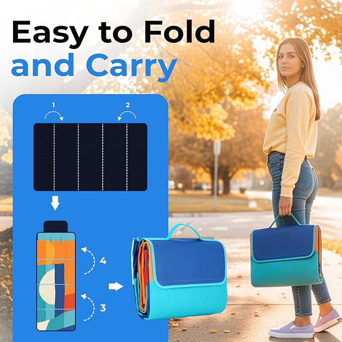 scuddles Extra Large Picnic Blanket – 60 x 80 Waterproof Outdoor Mat with Soft 3-Layer Comfort Cozy Fleece Top Foldable Design &amp Carry Strap for Beach Camping Parks &amp Hiking