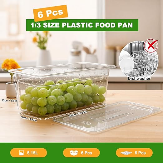 West Bay 6-Pack 1/3 Size 6''Deep NSF Polycarbonate Food Pans with Lids Clear Commercial Hotel Pans Food Storage Containers for Restaurant Food Prep Buffet Salad Bar Home Kitchen &amp Catering