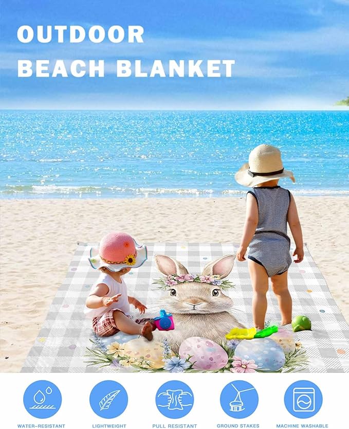 Beach Blanket Waterproof Sandproof Oversized Watercolor Easter Bunny Eggs Beach Mat with Corner Stakes Sand Pockets Floral on Gray Plaid Outdoor Picnic Mat for Travel Camping Hiking 118x108In