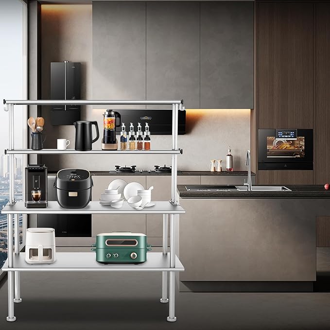 Stainless Steel Double Overshelf 60 x 12 Adjustable Double Overshelf with 6 Hooks Commercial Double Shelf for 60 Prep Work Table in Restaurant Home Kitchen and Workshop