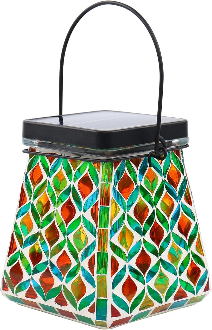 VOREEN Mosaic Solar Lantern Colorful Mosaic Glass Decorative Lantern for Outdoor Garden &amp Patio Tabletop or Hanging Solar Powered Light Multicolor Geometric Lattice Design