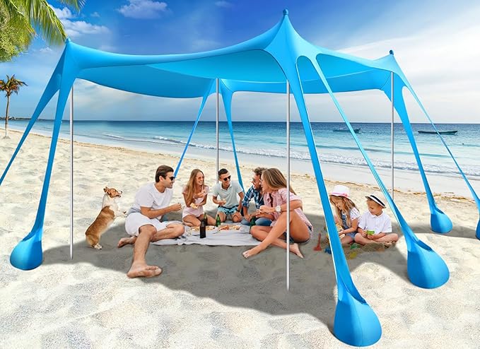Rhino Valley Beach Tent Shade Canopy UPF50+ Protection 8 Sandbags 4 Stability Poles Outdoor Sun Shelter Umbrella for Sand Camping Fishing Essentials
