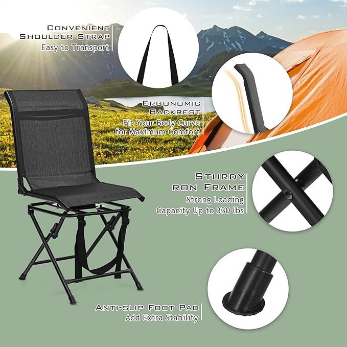 GYMAX Hunting Chair 360 Degree Swivel Hunting Blind Chair with Carry Handle 330 lbs Capacity Comfortable Waterproof Portable and Silent Folding Dove Hunting Chair for Blinds