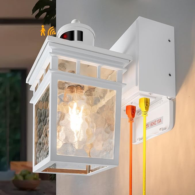 Porch Light Outdoor with GFCI Outlet - 3 Lighting Modes Exterior Light Fixture Dusk to Dawn Motion Sensor Wall Mount Outside Lights for HouseGarageFront Door Patio