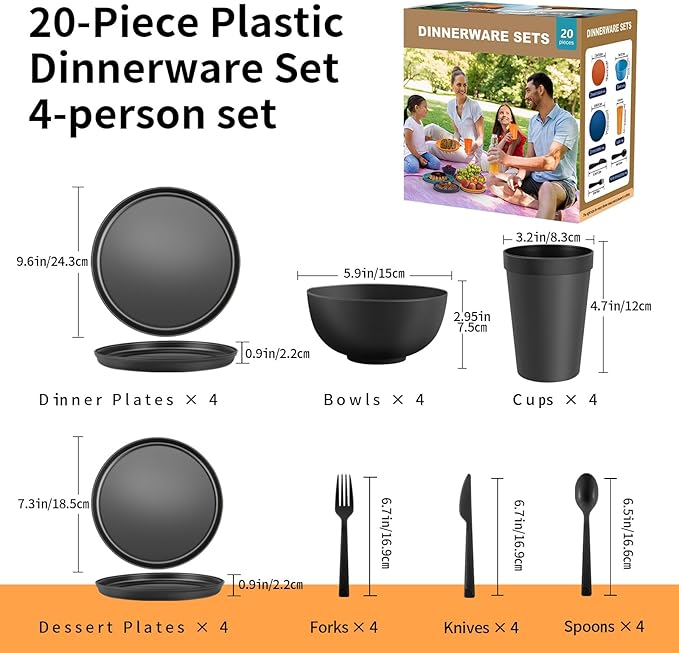 20 Piece RV &amp Camping Dinnerware Set Elegant Ceramic-Look Large Bowls &amp Plates Unbreakable &amp 100% Microwave Safe Melamine Alternative Service for 4 Black