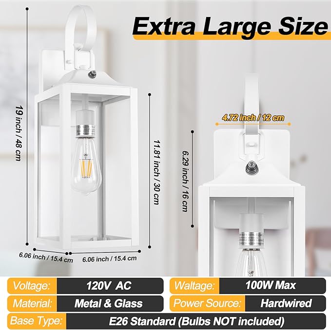 19 Large Dusk to Dawn Outdoor Wall Light White Exterior Lighting Fixtures Outdoor Wall Sconce Industrial Wall Mount Outdoor Light Fixture Waterproof Porch Lights Exterior Lamp for House Garage