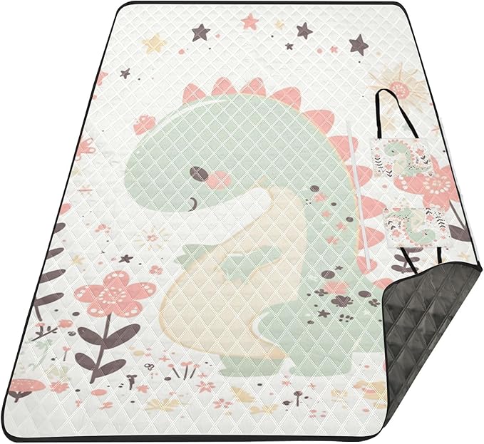 KLL Cartoon Dinosaur Childlike Doodle Style Pastel Colors Waterproof Picnic Accessories Water Resistant Grass Garden Mat for Ground Spring Gifts cobija para picnic