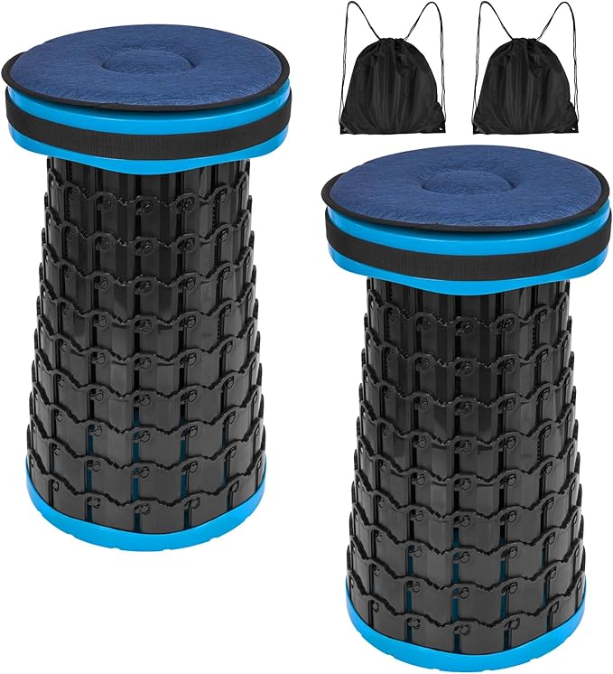 2 Pack Upgraded Folding Stool 19.7 Collapsible Stool Height Max Weight 1000lbs Portable Telescoping Seat with Cushion and Storage BagRetractable Folding Chair for Camping Hiking Outdoor BBQ-Blue