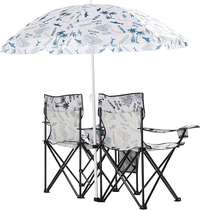 Double Folding Camping Chair W/Umbrella Fold Up Table Beverage Holder Carrying Bag Cooler for Patio Pool Park Outdoor Beach Picnic Portable (Coconut)