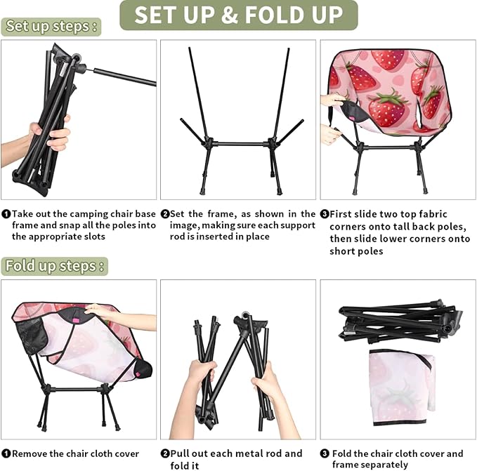 Honeybaby Folding Camping Chair Strawberries Print Camping Chairs Lightweight Portable Chair Outdoor Foldable Chairs for Camping Travel Picnic Beach Hiking