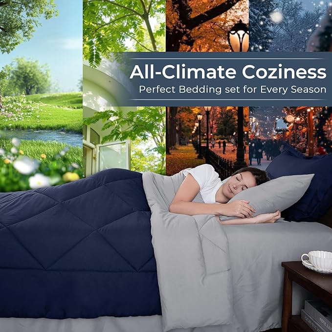 HEVUMYI King Comforter Set - 7-Piece All Season Bed in a Bag King Ultra Soft Bedding Set with Comforter Flat Sheet Fitted Sheet Pillowcases Pillow Shams Navy Blue &amp Light Grey