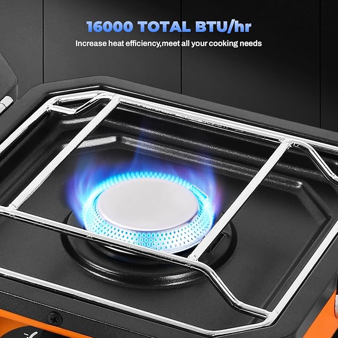Adjustable 2-Burner Portable Stove with 16000 BTU with Camping Grill and Carrying Bag Portable Propane Camp Stove with 2 Burners &amp Piezo Ignition for Camping Backyard BBQTailgating (Orange)