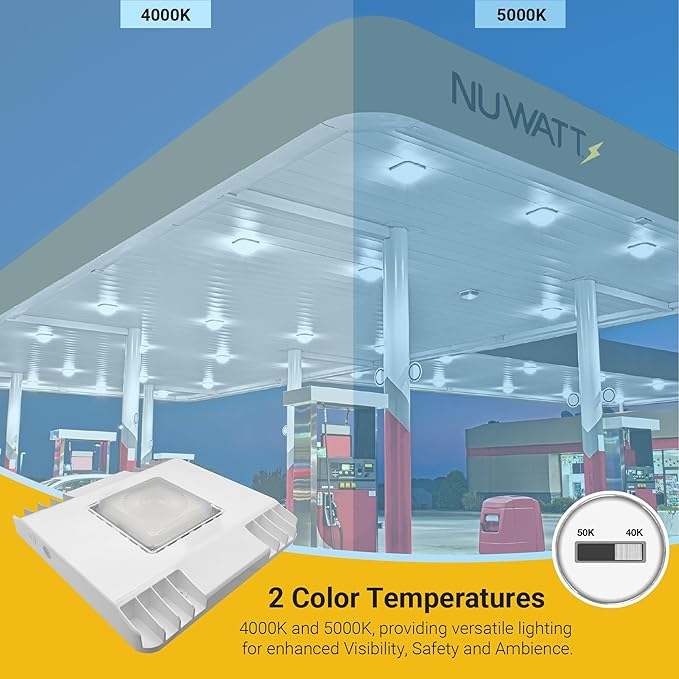 NUWATT 150W Waterproof LED Canopy Lights for Gas Station 4000K/5000K Selectable 21250LM Dimmable 120-277V IP67 Rated Indoor &amp Outdoor LED Parking Garage Lighting or Light for Carport