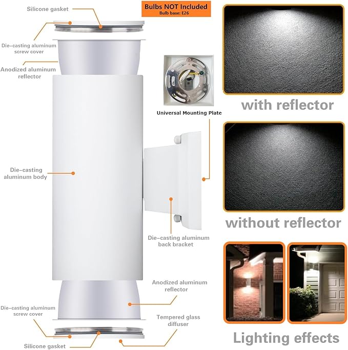 Outdoor Wall Light Exterior Lighting - ETL Listed Die-Casting Aluminum Waterproof Wall Mount Cylinder Design - Up Down Light Fixture for Porch Backyard and Patio (White)