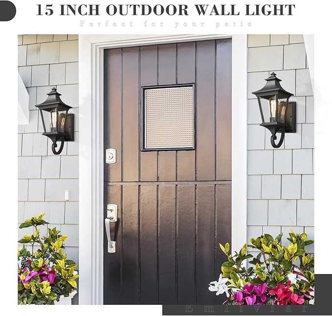 Emliviar 2 Pack Outdoor Sconces Wall Lighting 15 Inch Modern Outdoor Wall Light with Clear Glass Black Finish XE292UB-2PK BK