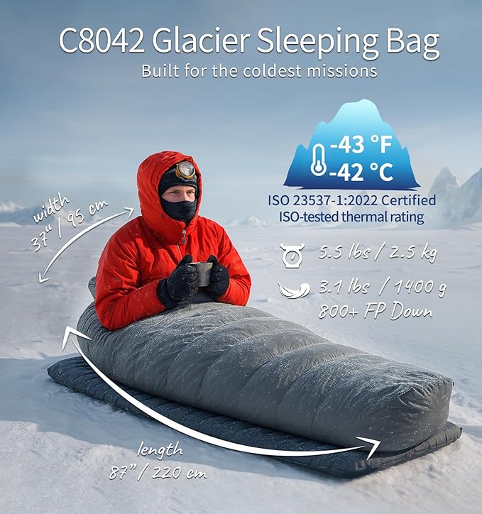 Litume Glacier -58°F Sleeping Bag Extreme Cold 800+ Fill Power Down Expedition-Grade Mummy Design Water-Repellent 20D Nylon Tested for Winter Camping &amp Mountaineering