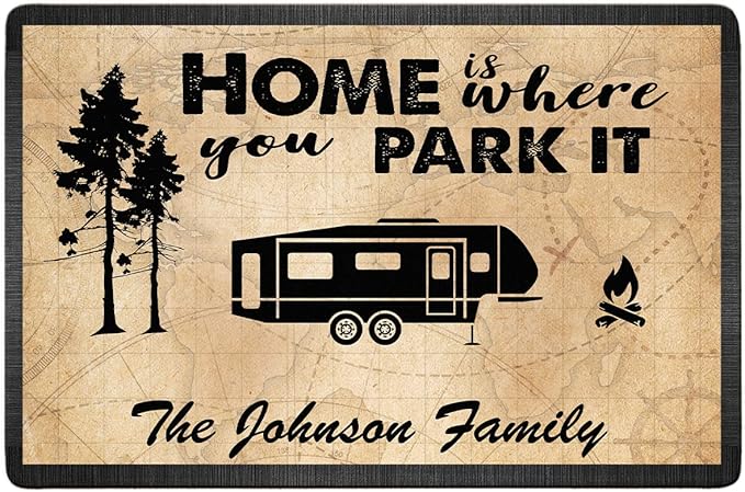 Personalized Campsite Doormat - Home is Where You Park It - Custom Family Name Camping Door Mat RV Accessories for Inside Outside Funny Campsite Rugs Decorations for Travel Trailers 16 x 24 inches