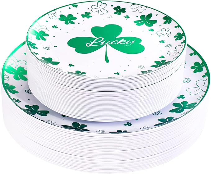 Rubtlamp 60Pcs Plastic Green PlatesSt Patricks Day Plates with Green Trefoil and Lucky Alphabet Green Disposable Plates include 30 Plastic White Dinner Plates and 30 Salad Plates for Spring