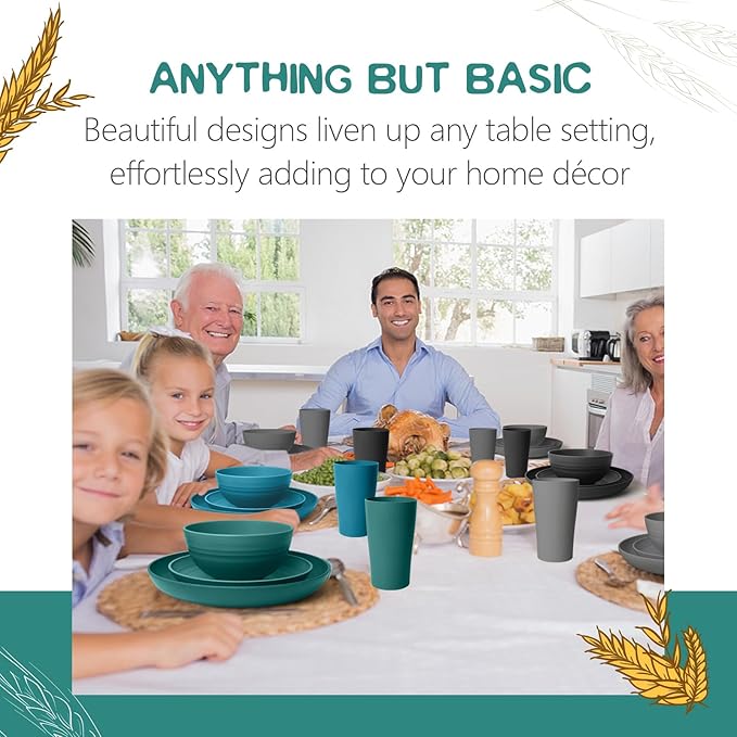 Teivio 32-Piece Kitchen Plastic Wheat Straw Dinnerware Set Service for 8 Dinner Plates Dessert Plate Cereal Bowls Cups Unbreakable Colorful Plastic Outdoor Camping DishesCoastal