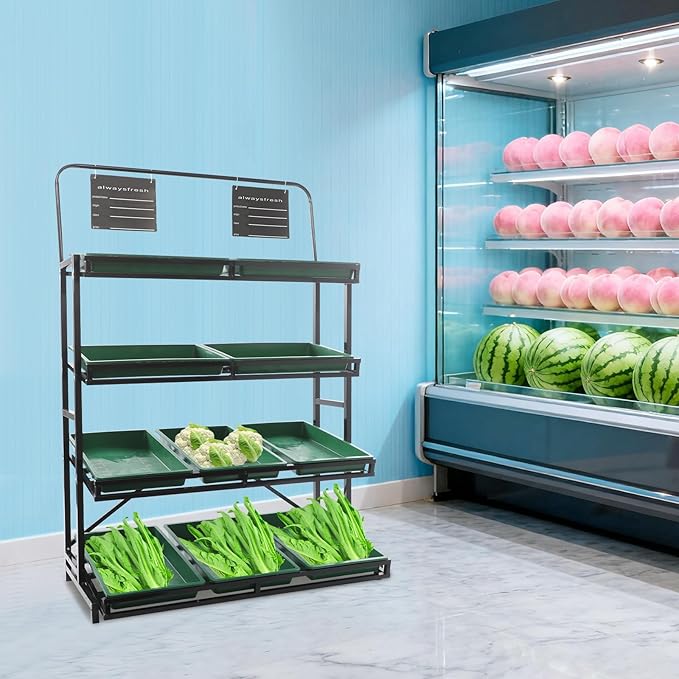 4 Tier Supermarket Fruit Vegetable Storage Rack Retail Display Rack Market Shelf with 10 Slanted Baskets &amp 2 Product Labels Floor Standing Metal Fruit Vegetable Snacks Display Shelf Organizer