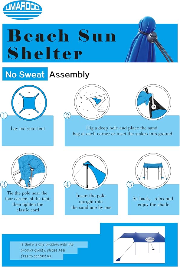 UMARDOO Family Beach Tent Canopy Sun Shade Portable 10×10FT Large Wind Resistance Beach Sun Shelter Easy Setup with Packable Carry Bag for Outdoor Travel UPF 50+ (Blue)