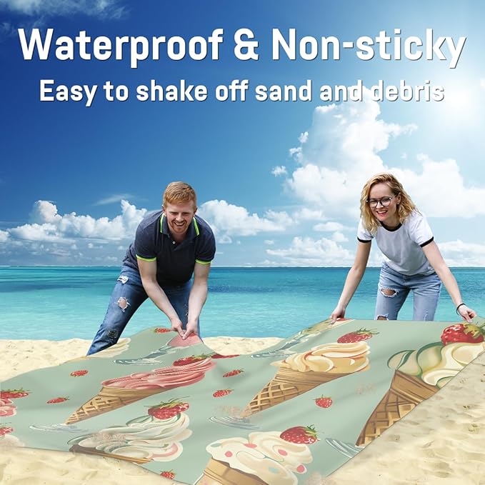 Waterproof Sandproof Beach Blanket 59''×68'' Cup Ice Cream Polyester Outdoor Picnic Blanket with 4 Stakes &amp Storage Bag for BeachCampingVacation Lime Green