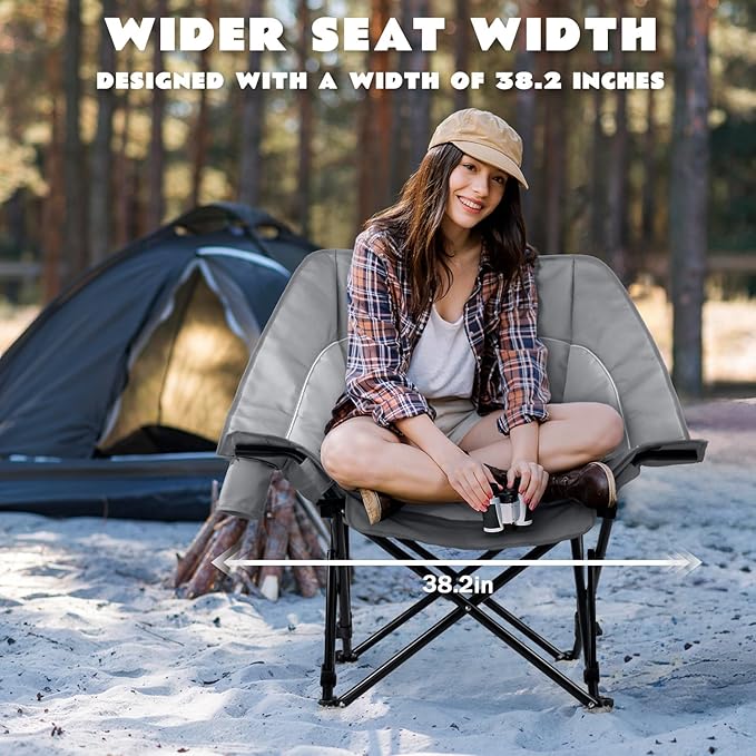 LEMBERI Oversized Heavy Duty Camping Chair for Adults500lbs Comfortable Folding Lawn Chairs Large Outdoor Portable Chair with Cup Holder Side Pocket and Cooler Bag Gray