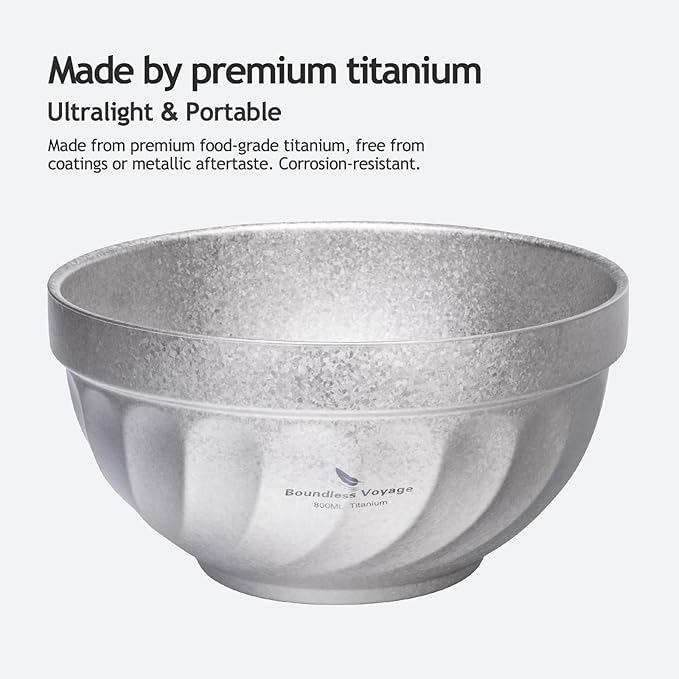 iBasingo 800ML Titanium Bowl Double Wall Insulated Camping Bowl for Soup Rice &amp Food Ultralight Portable &amp Durable Metal Tableware Outdoor Hiking Backpacking - BPA-Free Non-Toxic (Silver)