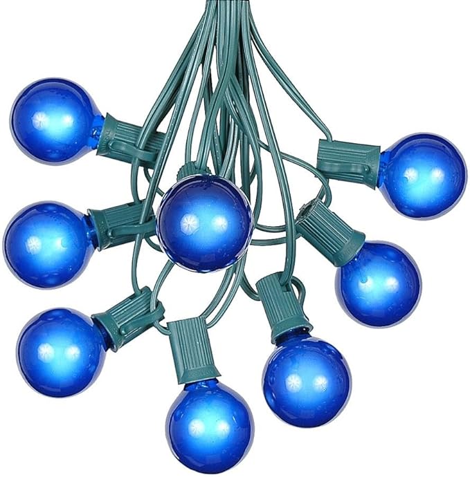 G40 Patio String Lights with 25 Blue Globe Bulbs - Hanging Garden String Lights - Vintage Backyard Patio Lights - Outdoor String Lights - Market Cafe String Lights - Green Wire - 25 Foot