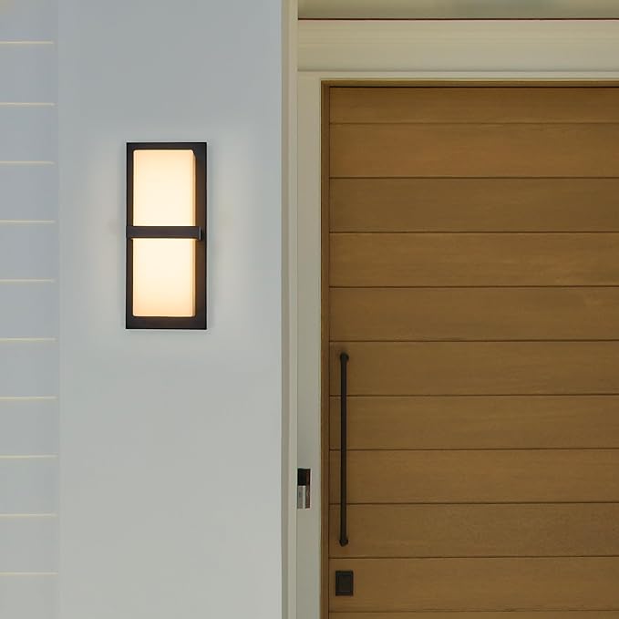 Maxxima LED Porch Lantern Outdoor Wall Light Black with Horizontal Bar &amp Frosted Lens 1000 Lumens 5 CCT 2700K/3000K/3500K/4000K/5000K Modern Exterior Patio Sconce Lantern Dimmable at 120V