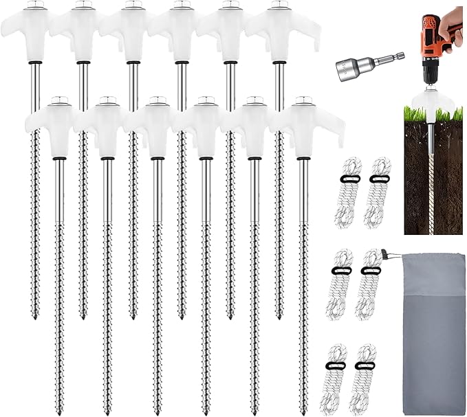 8” Screw in Tent StakesDrillable Tent Stakes Heavy DutyCamping Tent Stake Screw with 13ft Rope 13mm Hex Head DriverStorage Bag for OutdoorCampingDog Anchors (12 White)