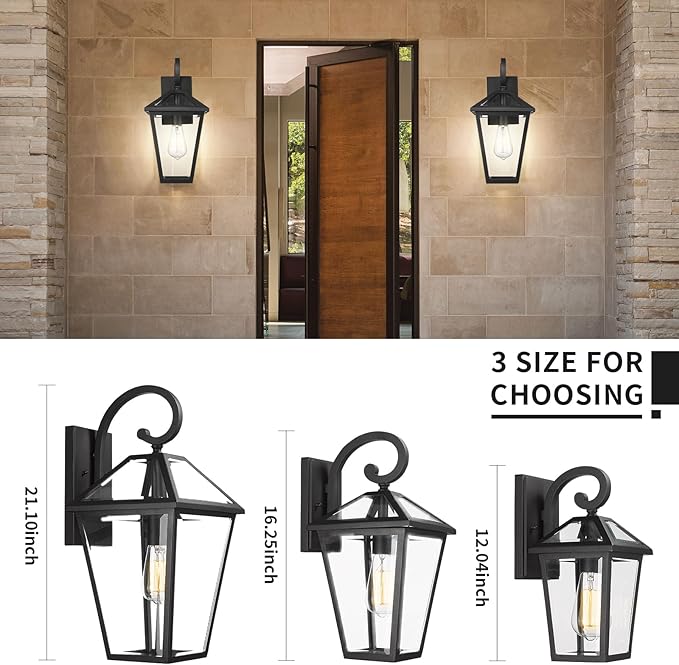 Outdoor Wall Light Fixtures Waterproof Exterior Wall Lanterns with Glass Outside Wall Sconces Front Porch Lights for House Garage Doorway Patio 7H1B-M-2PK BK