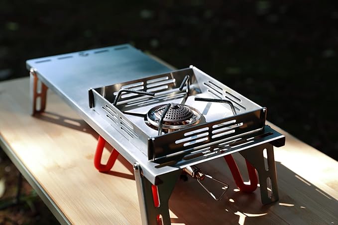 CAMPINGMOON Solo Camping Table Small Tabletop Heat Shield Windshield Stainless Steel Lightweight Compact with Storage Bag for ST-310 Alcohol Stove SK-310CP (Silver-JP)