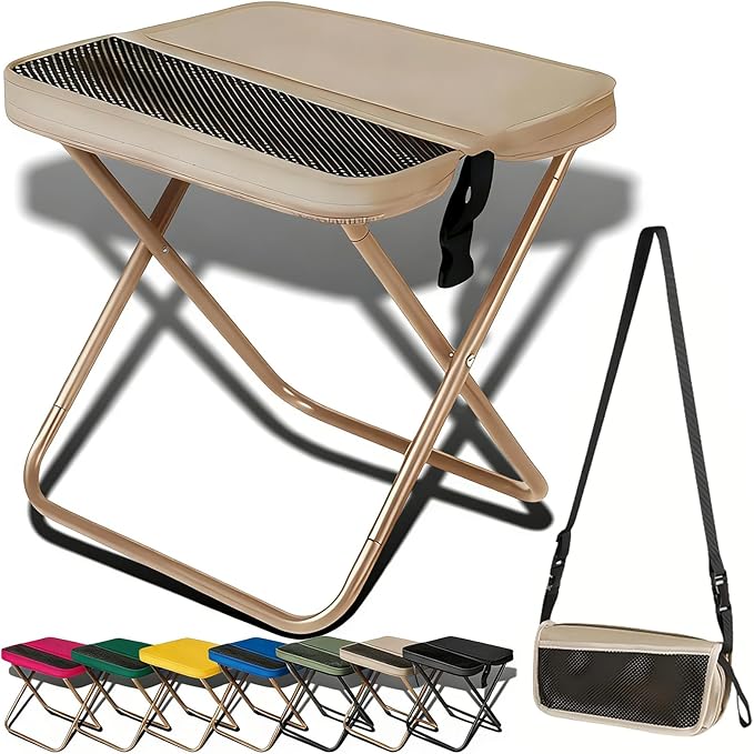 2026 Upgraded Large 12.2in Foldable Backpack Stool 265lbs Ultralight Portable Backpack Chair with Carry Bag Collapsible Stool for Hiking Camping &amp Fishing (Khaki Large)