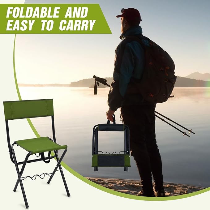 Wenqik 2 Pcs Summer Folding Fishing Chair with Rod Holder Hunting Camping Chairs for Adults Outdoor Portable Folding Chair for Men Women Ice Fishing Lawn Patio Garden Beach Gifts(Green)