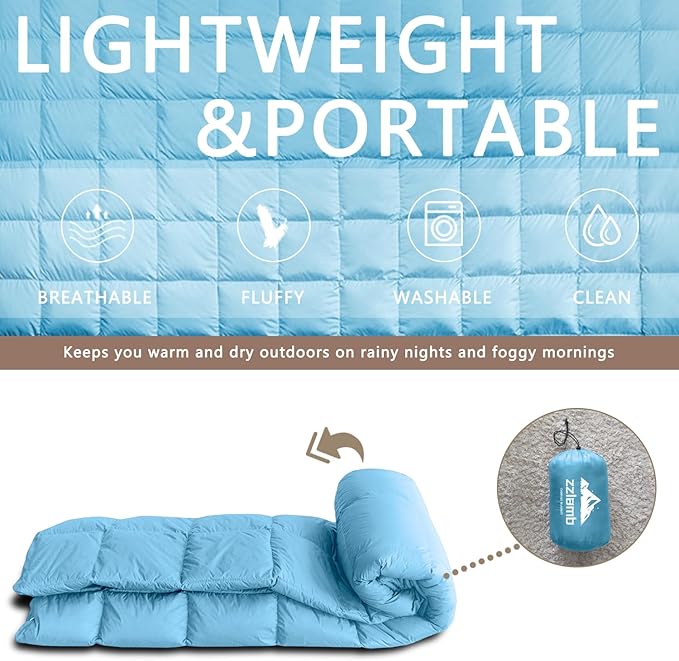 zzlamb Puffy Down Camping Blanket Water-Repellent Down Throw Travel Blanket Portable for Outdoor Light Warm Quilt for Couch Plane Car Theater Stadium Picnic RV Backpacking Hammock