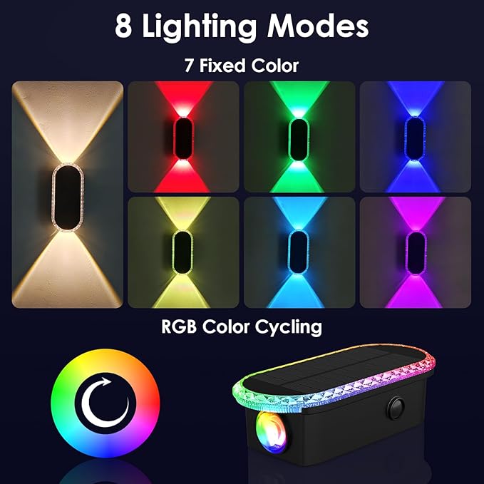 8PK Solar Fence Lights Outdoor - Solar Outdoor Light Warm White &amp RGB Lights for Outside Backyard Patio Deck Fence Stair Handrail Pool and Wall