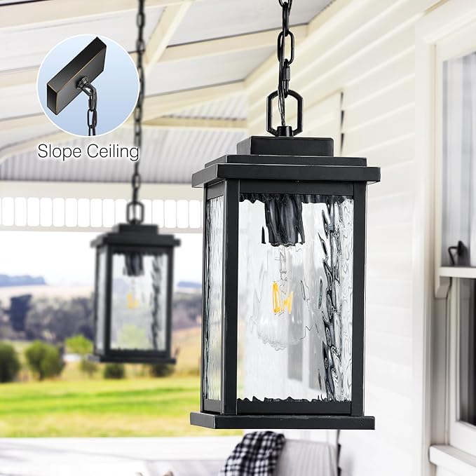 VIANIS Large Anti-Rust Outdoor Chandelier with Adjustable Wire Black Pendant Light with Water Glass for Porch GardenGarage Easy-to-Install Outdoor Hanging Lantern Suiting for Sloped Ceiling