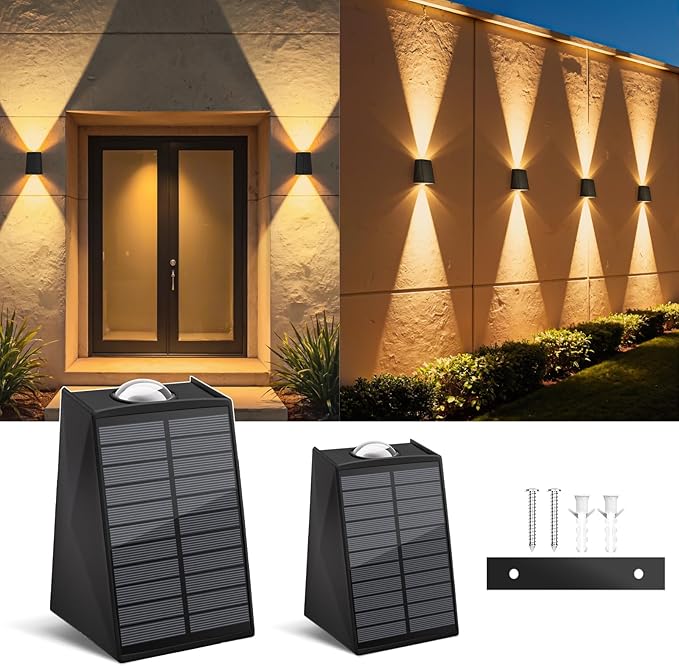 2 Pack Solar Wall Lights Outdoor Waterproof Up and Down 2 LED Fence Sconce for House Patio Porch Yard Garden Garage and Pool for Security and Decorative Lighting Wall Mounted Install(Warm White)