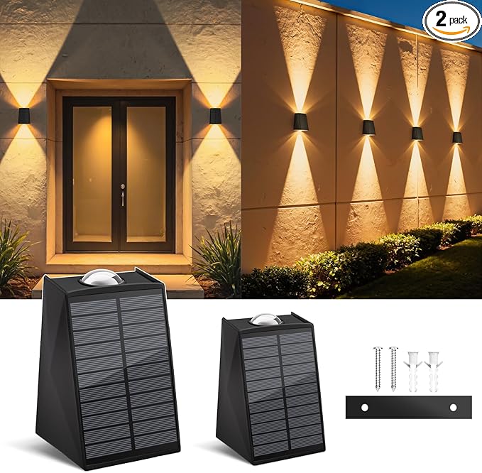 2 Pack Solar Wall Lights Outdoor Waterproof Up and Down 2 LED Fence Sconce for House Patio Porch Yard Garden Garage and Pool for Security and Decorative Lighting Wall Mounted Install(Warm White)