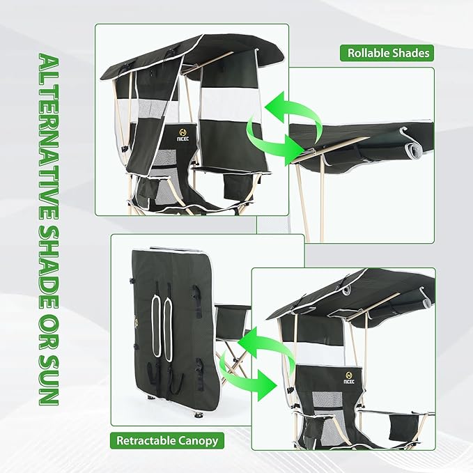 Nice C Chair with Canopy Umbrella Chairs Chair with Shades Sports Chairs w/Removable Footrest Cooler Bag Cup Holder for Camping Fishing Sports Soccer Beach (1-P Green)