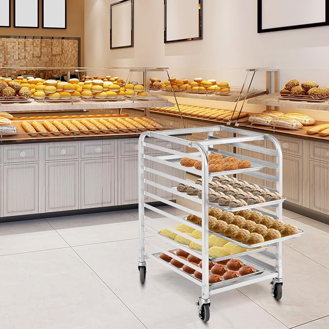 ReunionG 10 Tier Bun Pan Rack Bakery Rack with 2 Lockable Wheels 10 Sheet Aluminum Storage Cooling Trolley with Open Shelf Dough Pizza Baking Mobile Rack for Home Commercial