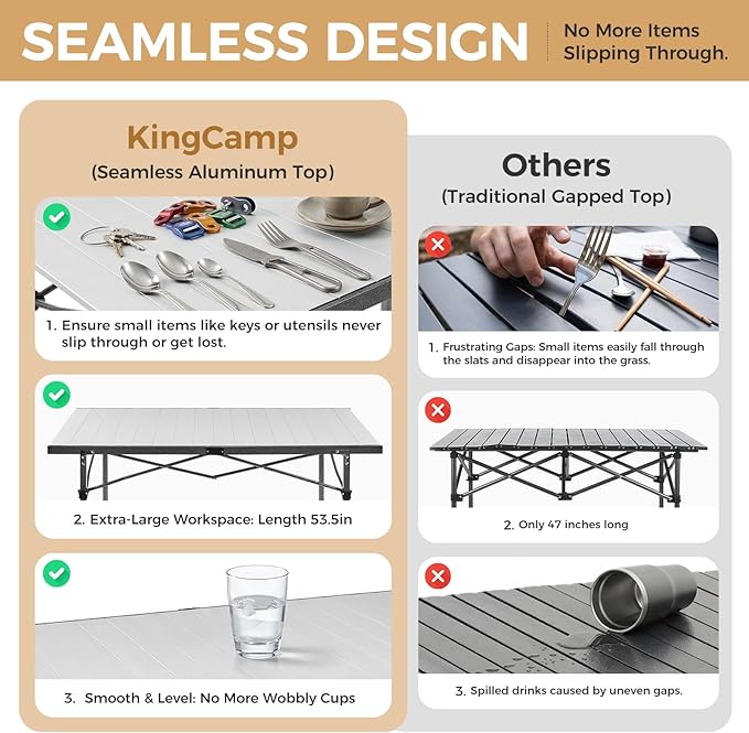KingCamp Aluminum Camping Table Foldable Large 53.5 Roll Up Camp Table Folding Seamless Tabletop Heavy Duty Duck Hunting Camping Tables Metal Portable Outdoor Collapsible for RV BBQ Picnic Hunting