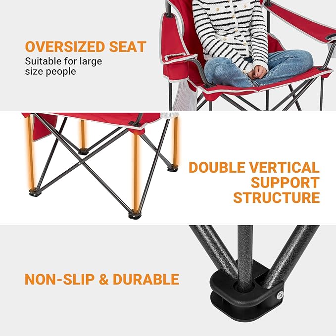 KingCamp Portable Folding Camping Quad Chair Oversized Fully Cushioned Seat with Side Pocket and Cup Holder for Tailgates Beach Lawn