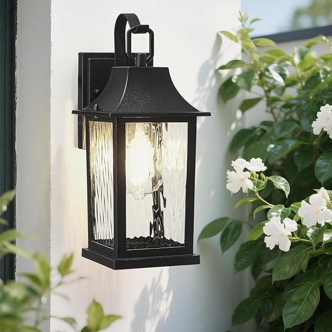 Outdoor Wall Light 13 Sconce with Water Pattern Glass Waterproof &amp Rustproof Exterior Lighting Weatherproof Front Porch Lightsfor House Garage Doorway Patio (1 Pack Black)