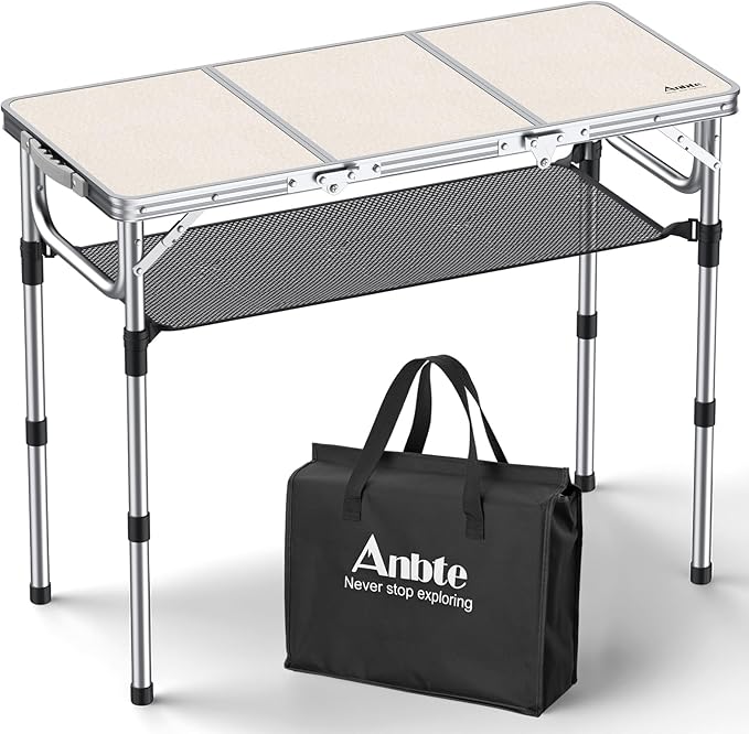 Anbte Folding Camping Table with Storage Net 3ft Camping Table Aluminum Folding Table with 3 Adjustable Height Max 27.1 Inch Portable for Outdoor Backyard BBQ Silver