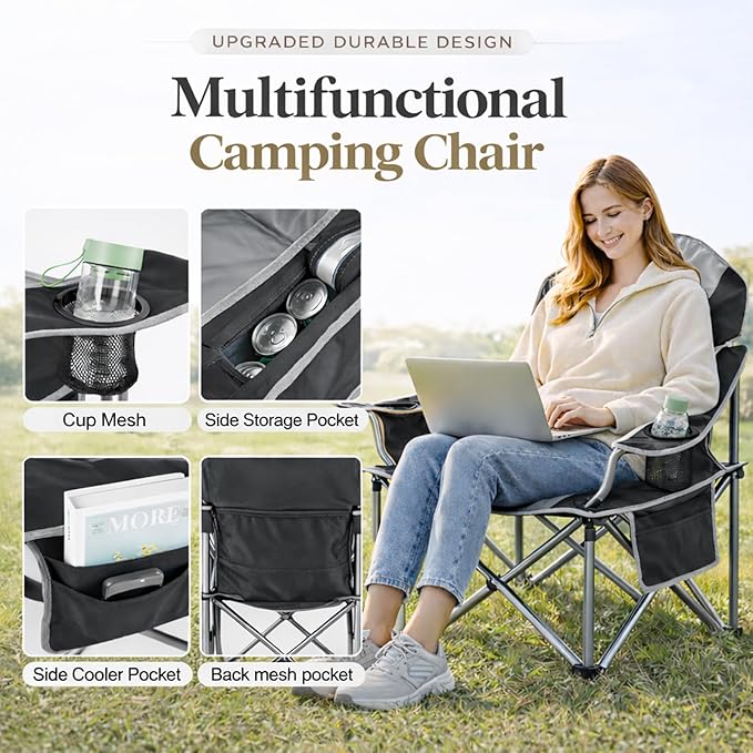 Simple Deluxe Oversized Outdoor Foldable Camping Chair with Cup Holder and Carrying Bag Camping Chair with 500lbs Capacity and Sturdy Material Suitable for Beaches Hiking and Camping Black
